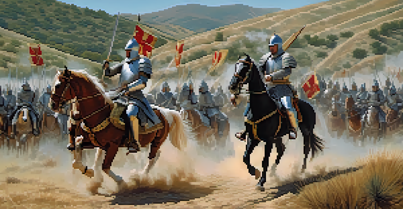 Knights in armor engaging in a reenactment of the Battle of Las Navas de Tolosa, with horses and swords in a picturesque landscape.
