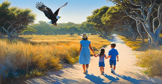 A family of four walking in a lush green park, with a majestic eagle soaring overhead and children pointing upwards.