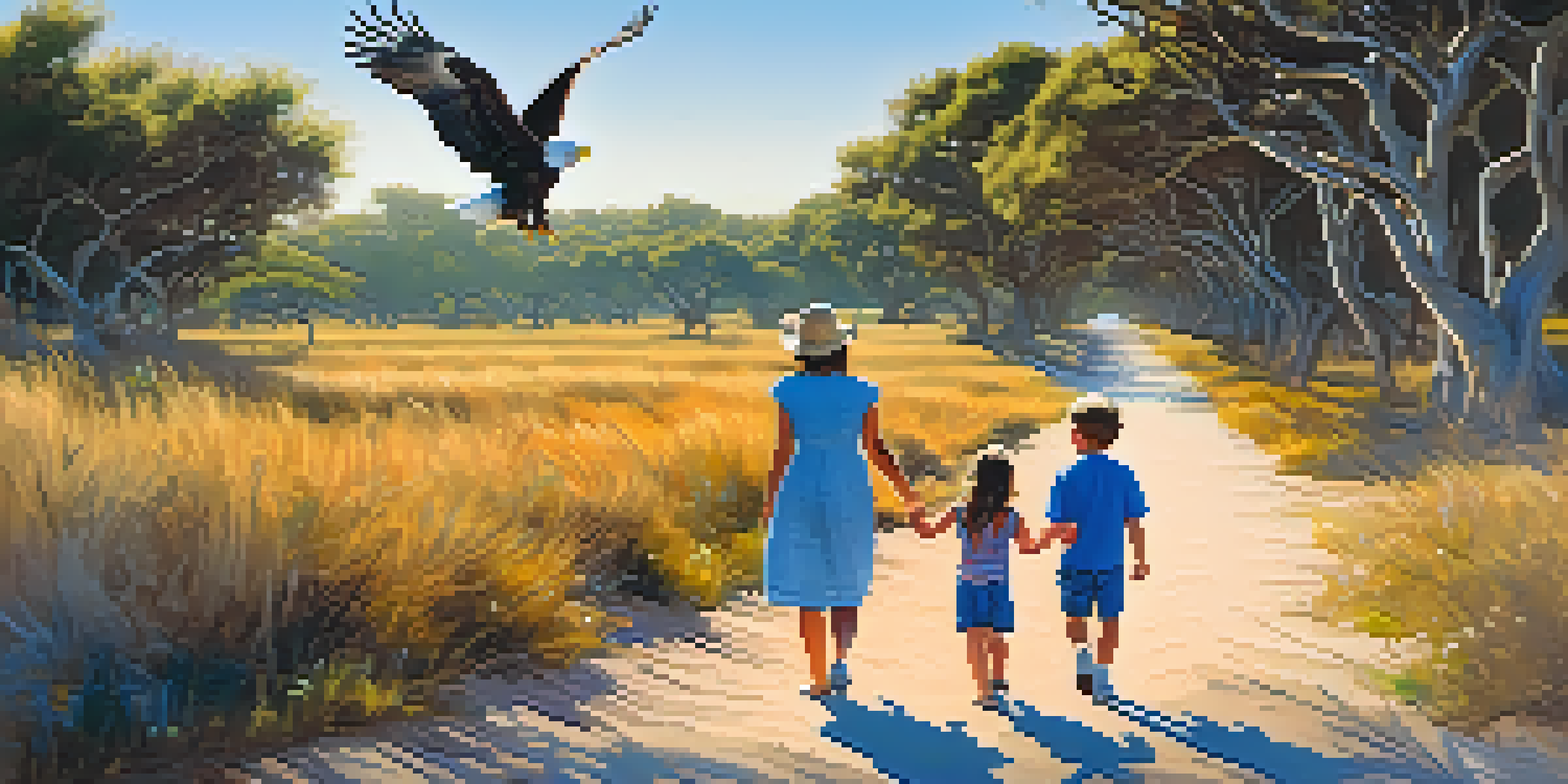 A family of four walking in a lush green park, with a majestic eagle soaring overhead and children pointing upwards.