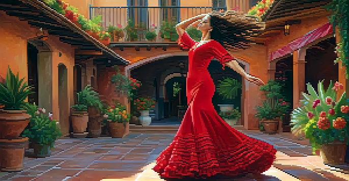 A Flamenco dancer in a red dress performs in a Spanish courtyard, surrounded by flowers and warm light.