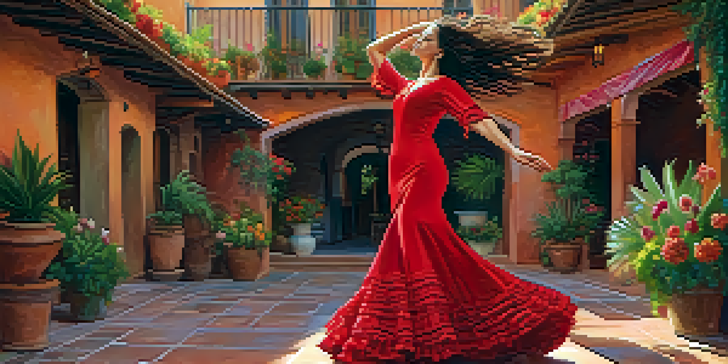 A Flamenco dancer in a red dress performs in a Spanish courtyard, surrounded by flowers and warm light.
