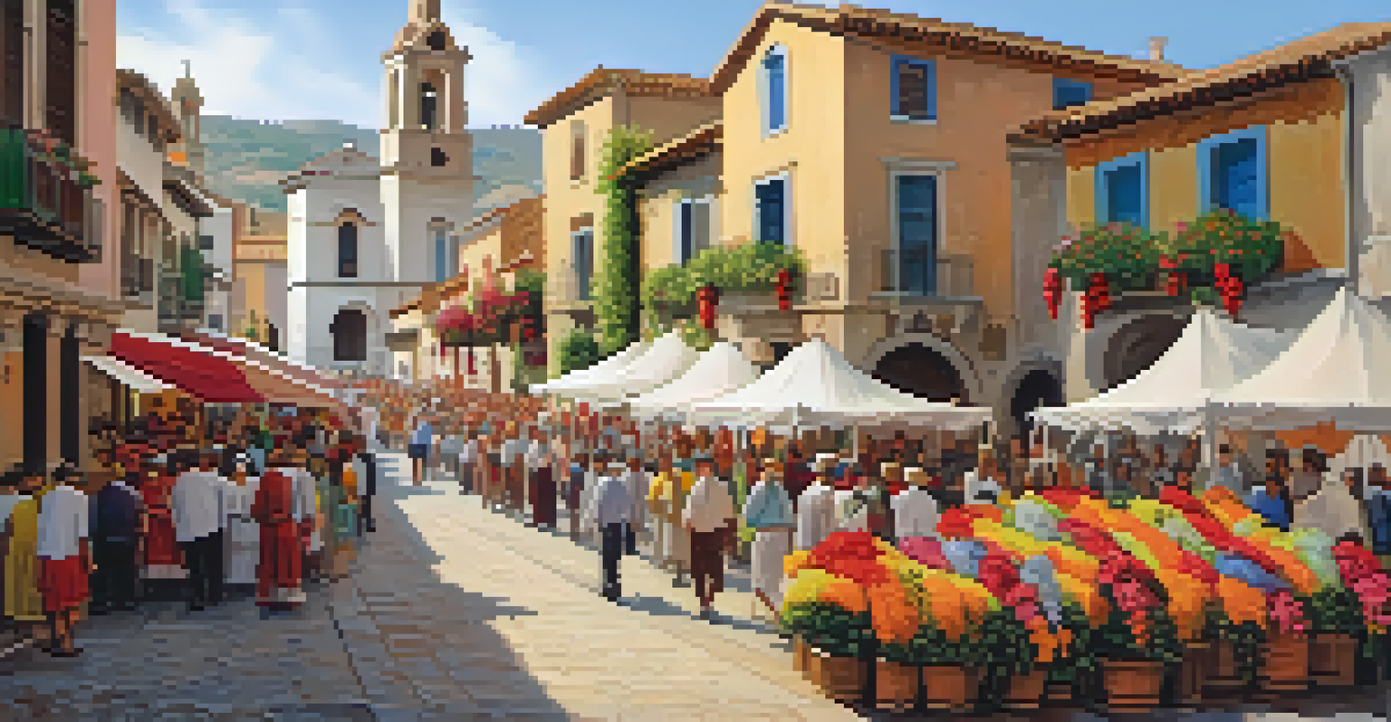 A traditional Spanish village during a religious festival, with colorful flowers and locals in festive attire, and a church in the background.