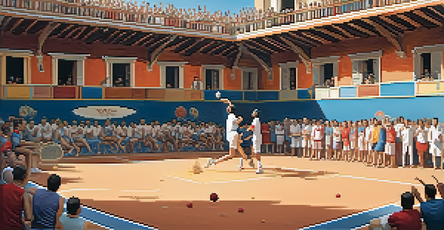 A triquet court in Valencia with players using their hands to play pelota, surrounded by a lively crowd enjoying food and music.