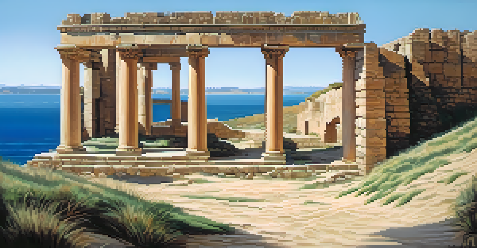 Ruins of Baelo Claudia with ancient structures and the Atlantic Ocean in the background.