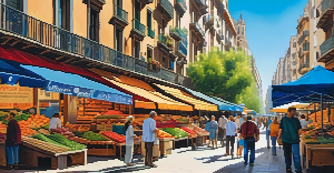A lively market in Barcelona with colorful stalls and people enjoying local food and crafts, with Gaudí buildings in the background.