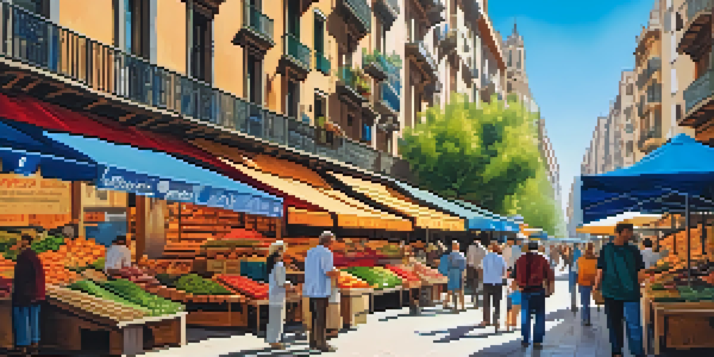 A lively market in Barcelona with colorful stalls and people enjoying local food and crafts, with Gaudí buildings in the background.