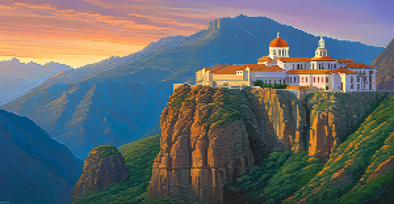 The stunning Monastery of San Juan de la Peña on a cliff, surrounded by mountains and illuminated by a sunset.