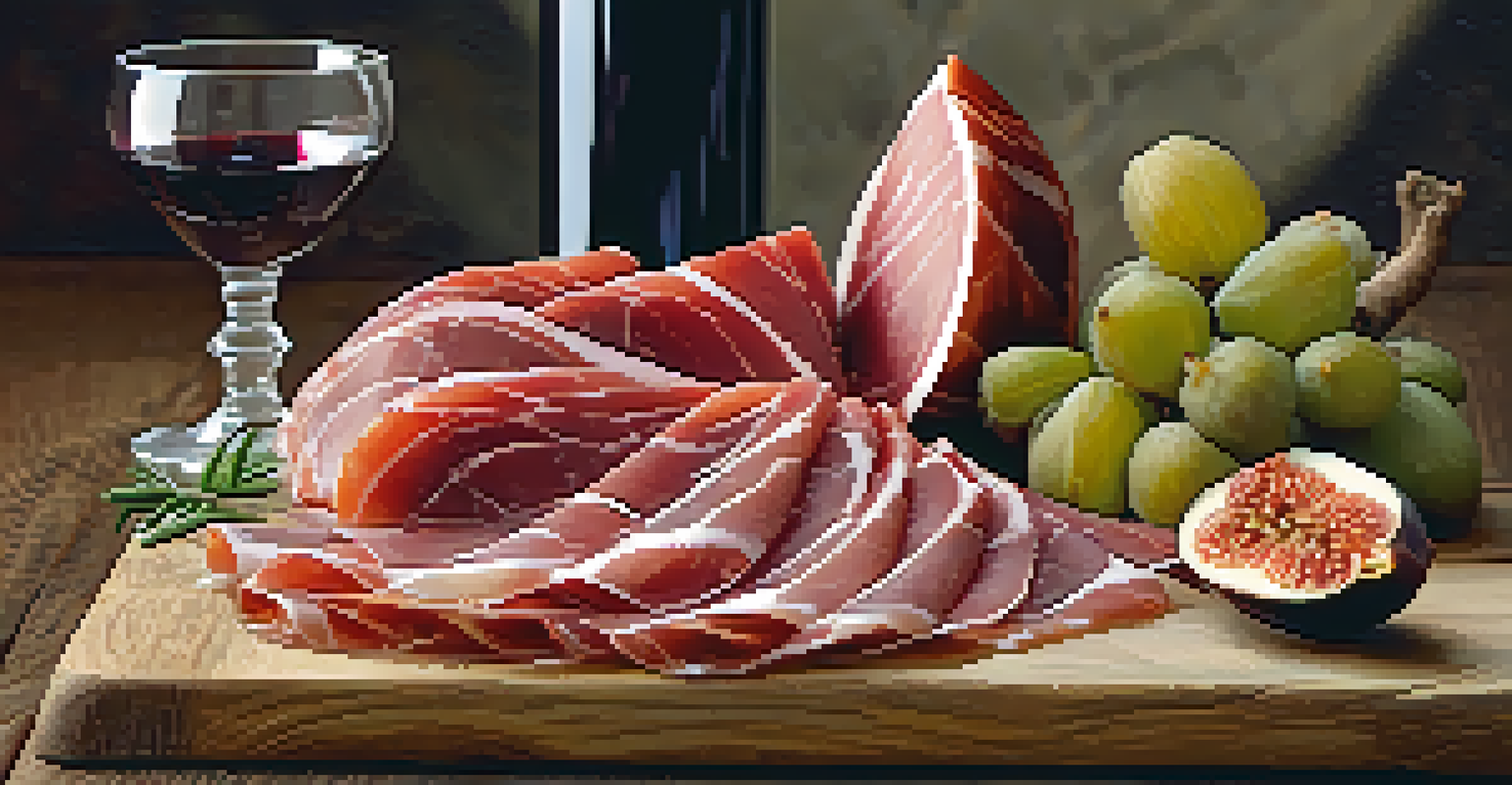 A wooden board displaying thinly sliced Jamón Ibérico, garnished with fresh figs and olives, accompanied by a glass of red wine, set in a Spanish market ambiance.