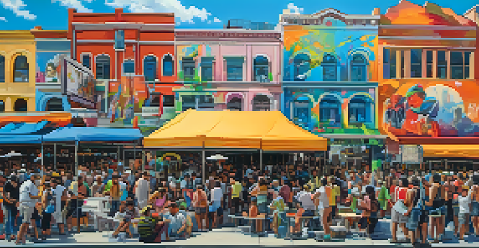 A lively street art festival with artists painting murals, people enjoying the event, and colorful decorations in a sunny urban environment.