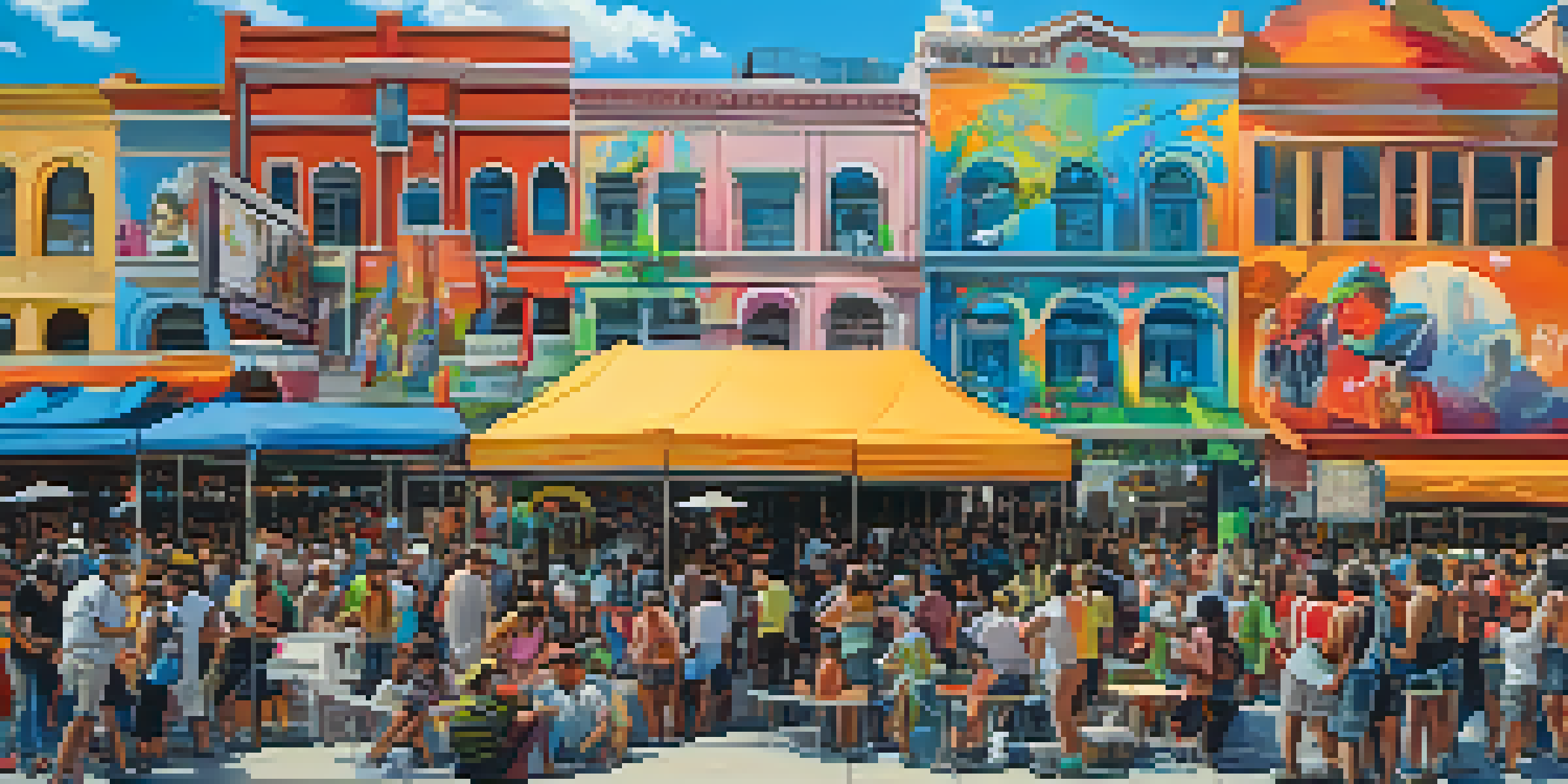 A lively street art festival with artists painting murals, people enjoying the event, and colorful decorations in a sunny urban environment.