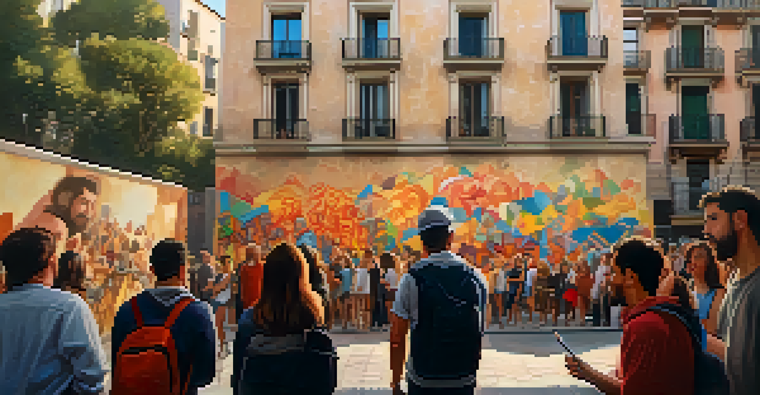 A group of tourists on a street art tour in Barcelona, with a guide explaining the murals in a warm evening light.