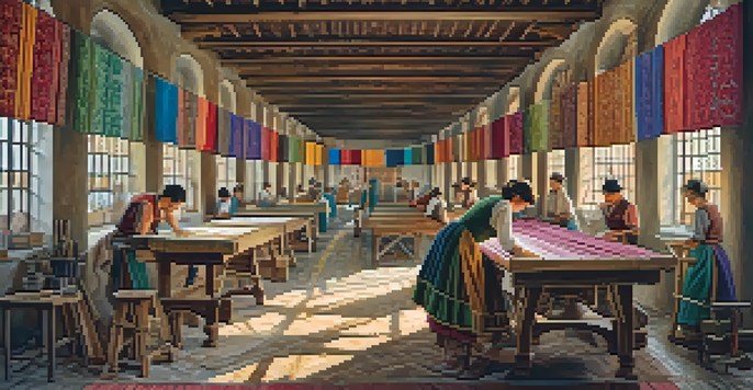 Artisans working in a Spanish tapestry workshop, weaving colorful threads on a loom, surrounded by finished tapestries.