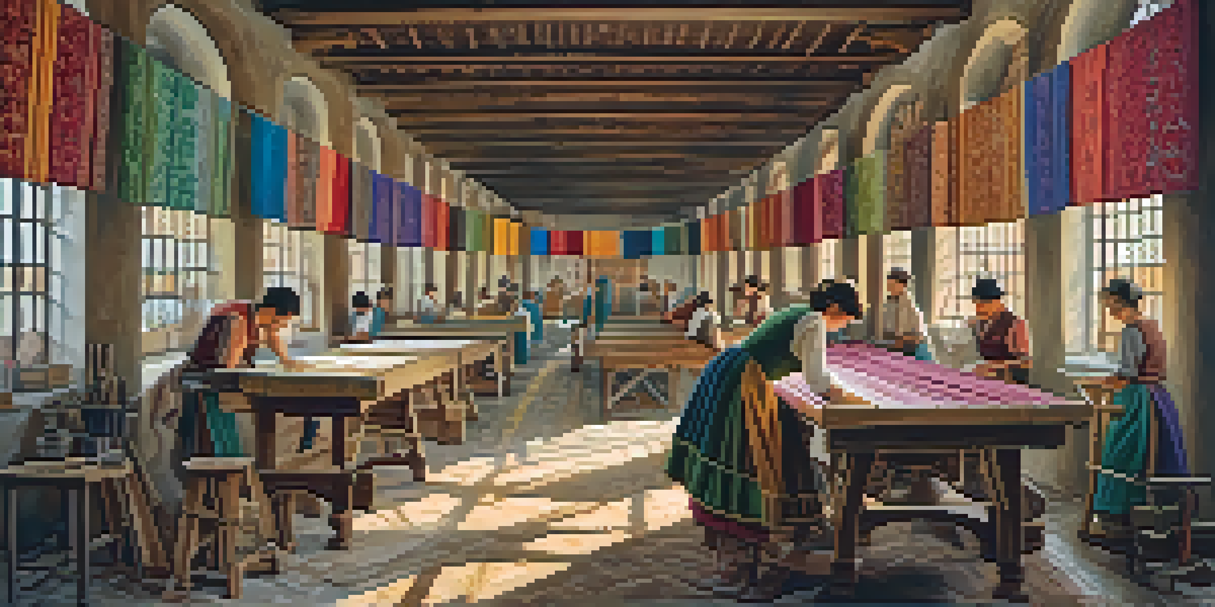 Artisans working in a Spanish tapestry workshop, weaving colorful threads on a loom, surrounded by finished tapestries.