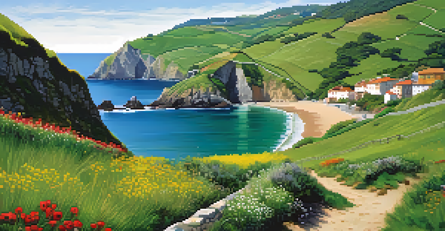 A scenic coastal trail in the Basque Country, surrounded by lush green hills, rugged cliffs, and quaint fishing villages along the shoreline.