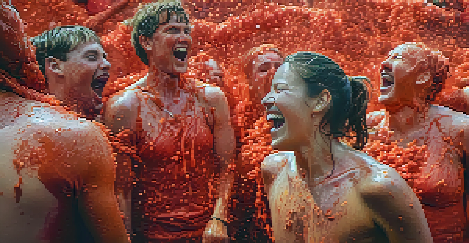 A close-up of a smiling participant covered in tomato pulp during La Tomatina festival.