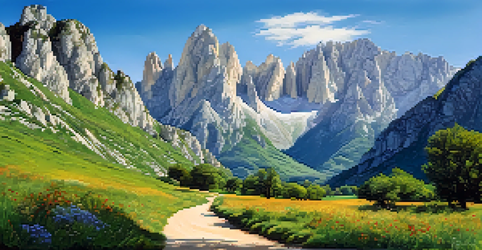 A beautiful landscape of Picos de Europa national park with towering peaks, green meadows, and a clear blue sky.