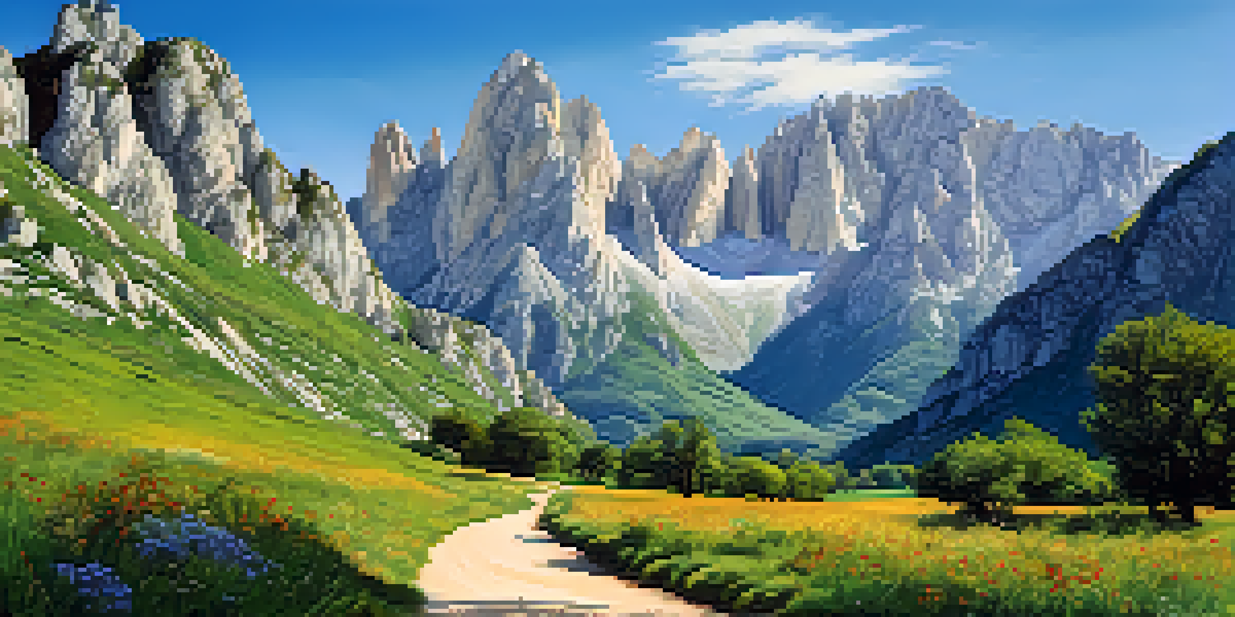 A beautiful landscape of Picos de Europa national park with towering peaks, green meadows, and a clear blue sky.