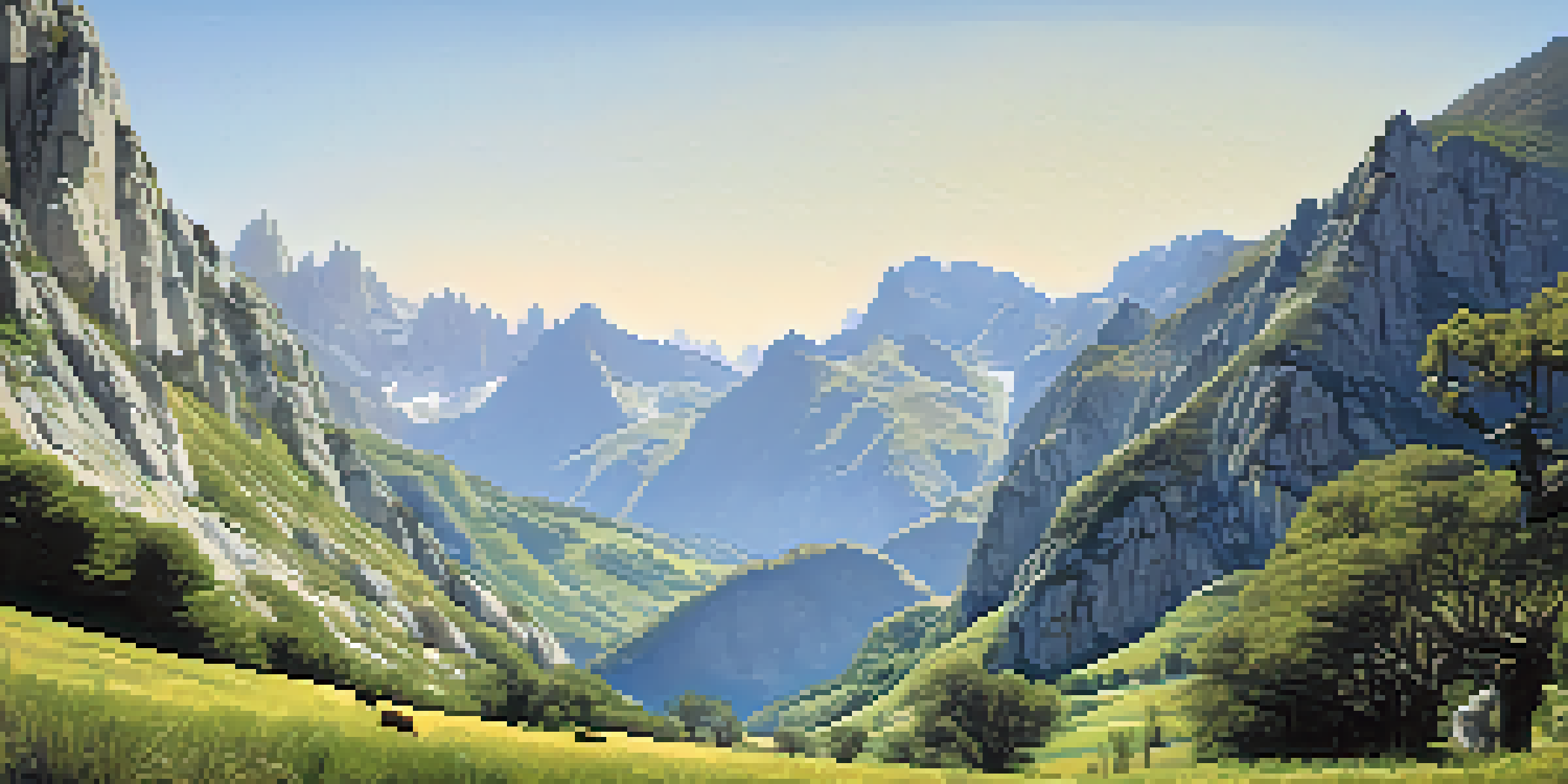 A scenic mountain landscape with cliffs, valleys, and grazing chamois in Picos de Europa National Park.