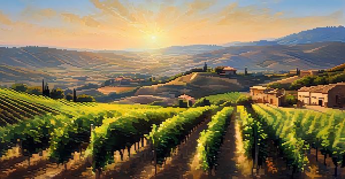 A panoramic view of La Rioja's vineyards with a rustic winery at sunset, showcasing the beauty of the landscape.
