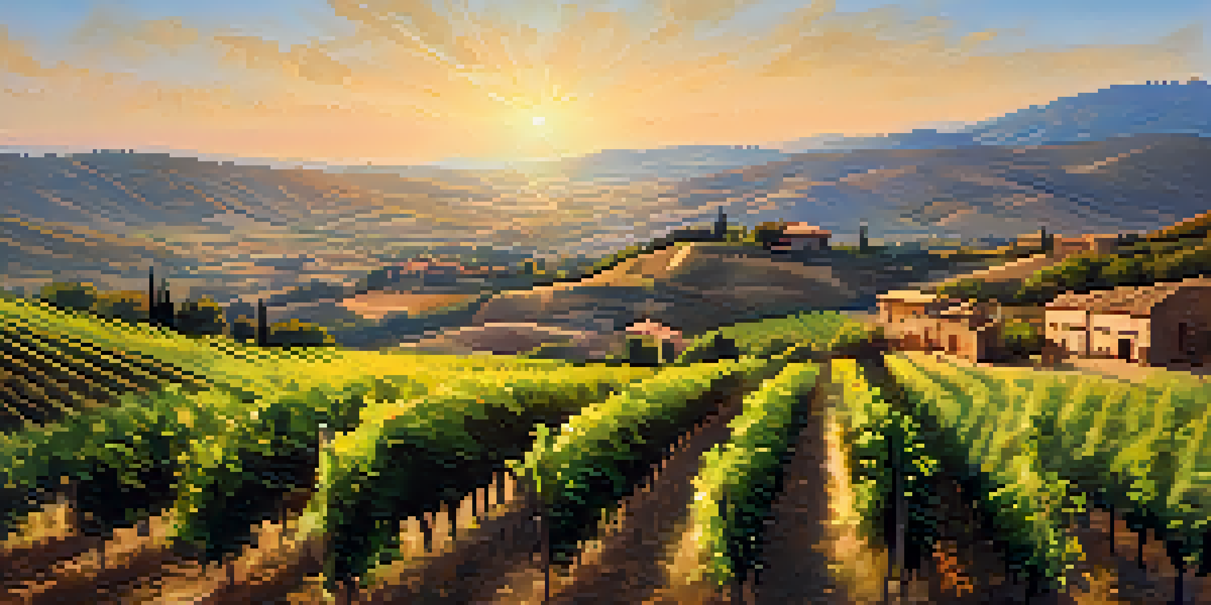 A panoramic view of La Rioja's vineyards with a rustic winery at sunset, showcasing the beauty of the landscape.