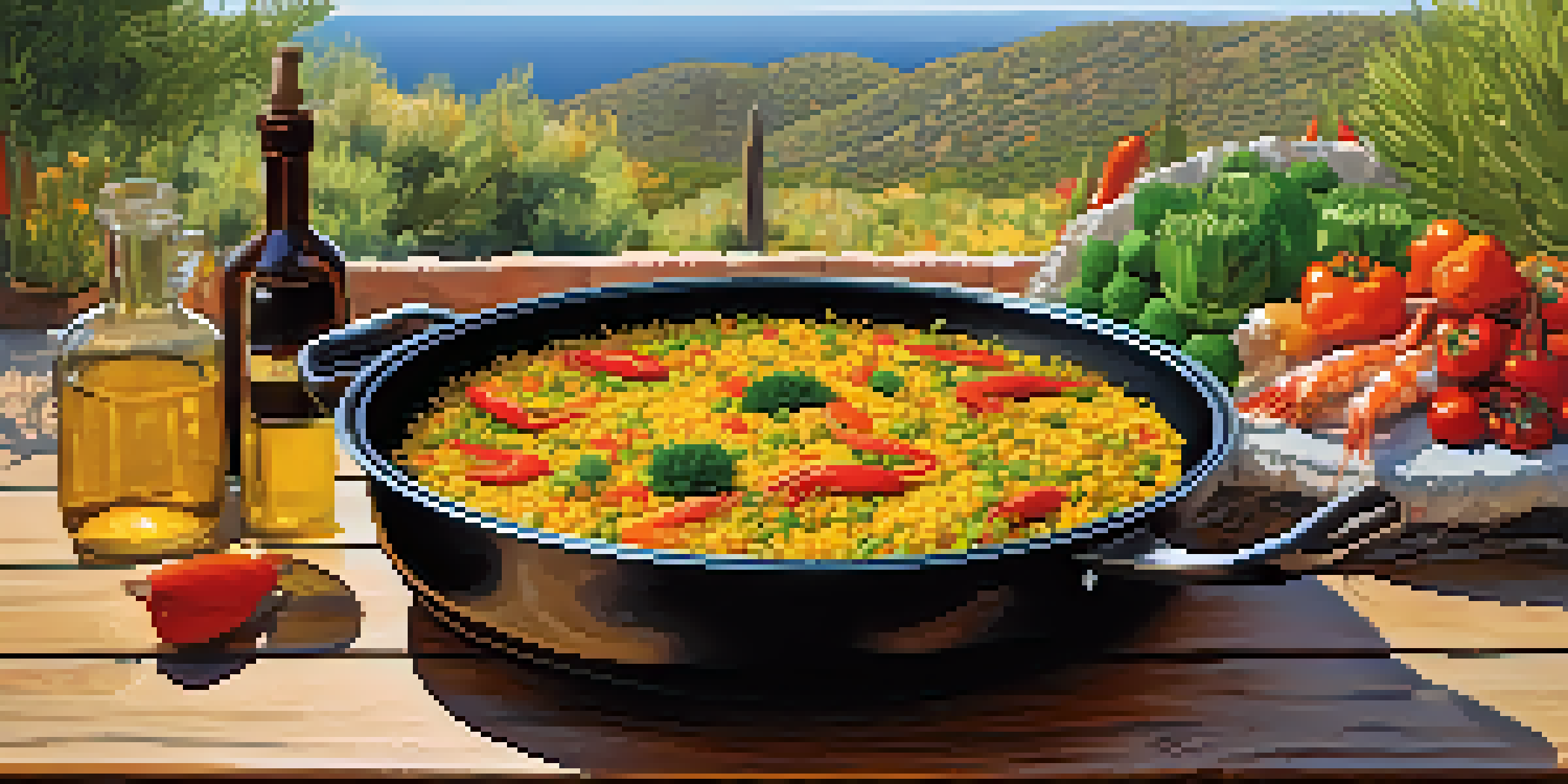 An outdoor cooking scene showcasing a traditional paella pan with shrimp and vegetables, set on a rustic wooden table under a sunny sky.