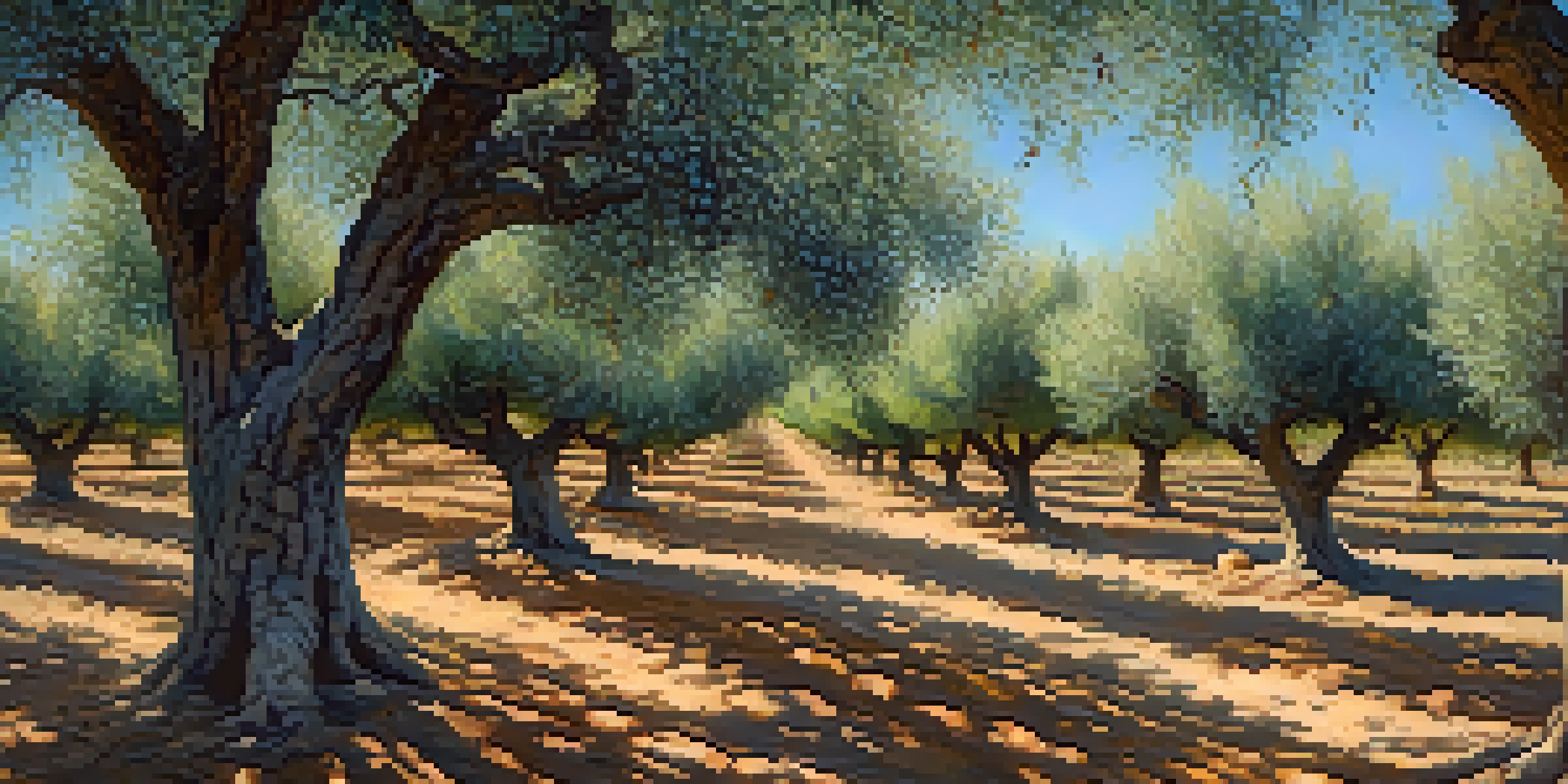 An olive grove in Andalusia with green olive trees under a blue sky, sunlight casting shadows on the ground.