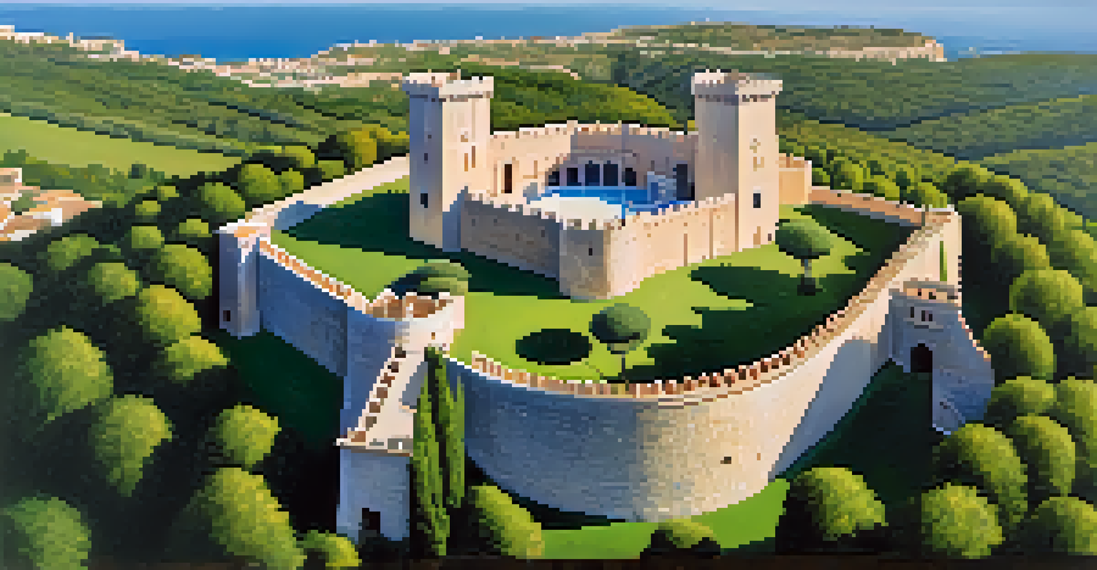 Aerial view of Castillo de Bellver in Mallorca with its circular structure and surrounding landscape.