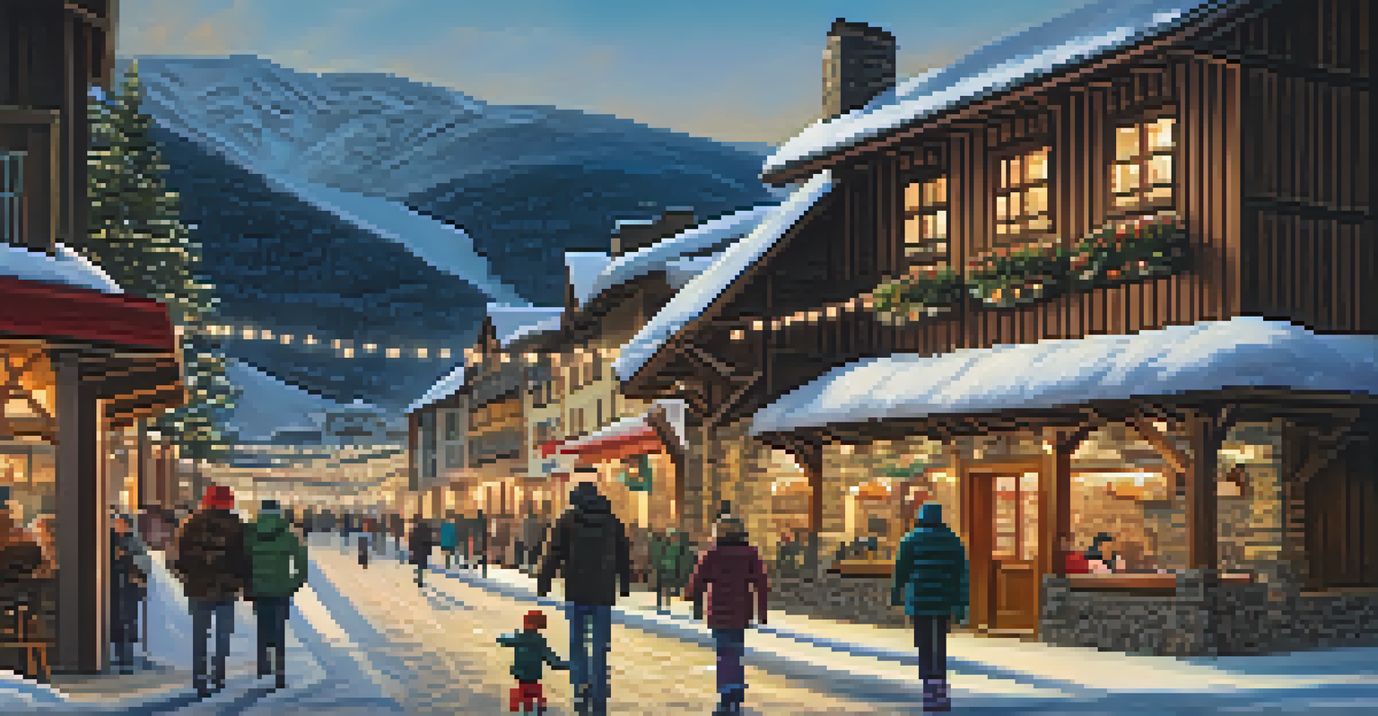 A family walking through La Molina village, enjoying the winter atmosphere with snow-covered buildings and festive lights.