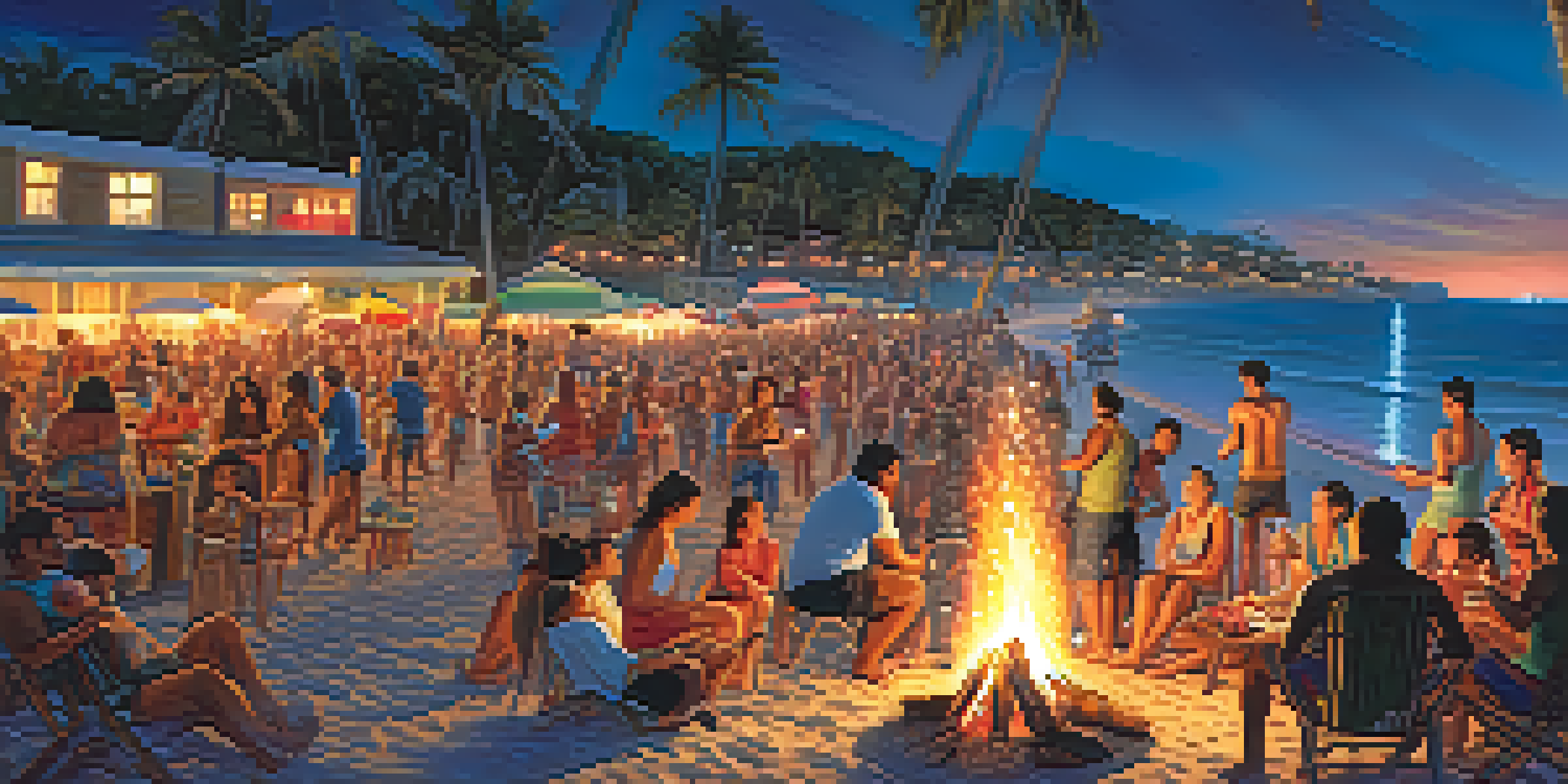 A lively beach gathering with a bonfire, people enjoying food and fireworks in the night sky.