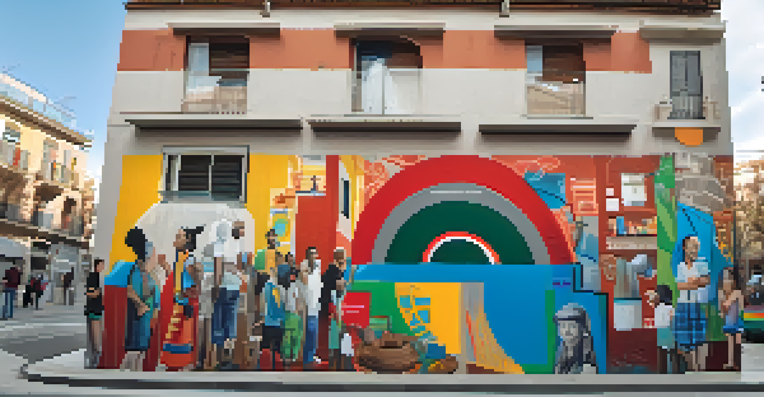 Artists and residents collaborating on a large mural in Madrid, depicting the neighborhood's history with traditional architecture and local symbols.