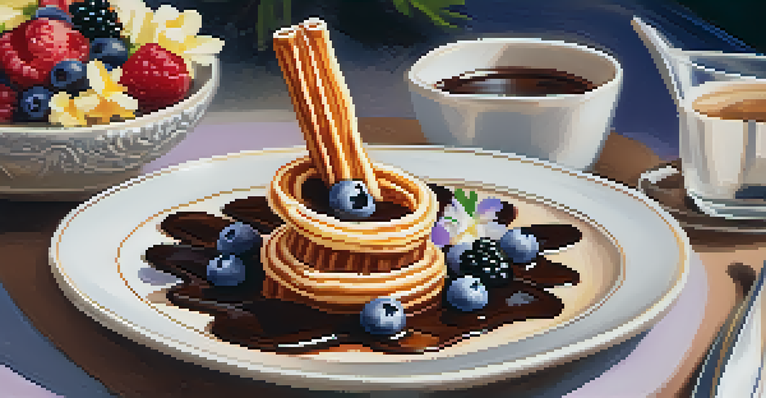 An elegant dessert featuring a churro with rich chocolate sauce and fresh berries, set in a high-end restaurant ambiance.