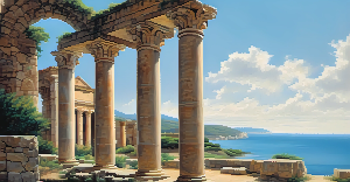 A picturesque scene of ancient Roman ruins at Baelo Claudia on a beach, with the sea in the background and a clear sky.