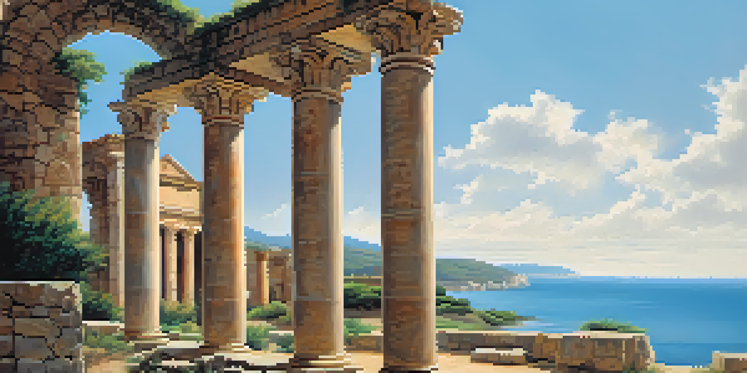 A picturesque scene of ancient Roman ruins at Baelo Claudia on a beach, with the sea in the background and a clear sky.