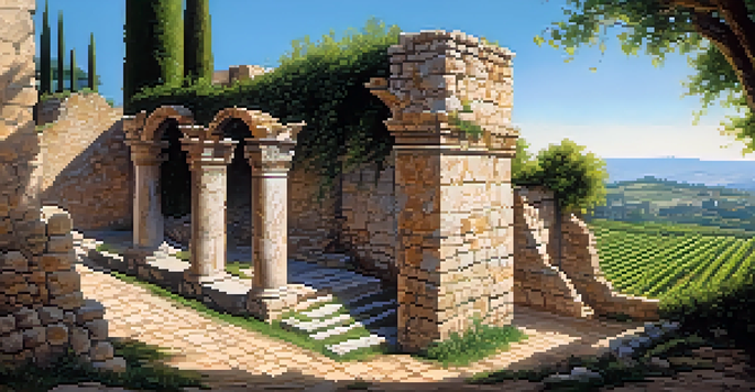 A scenic view of ancient Roman ruins in Cacabelos, with vineyards in the foreground and a clear blue sky above.