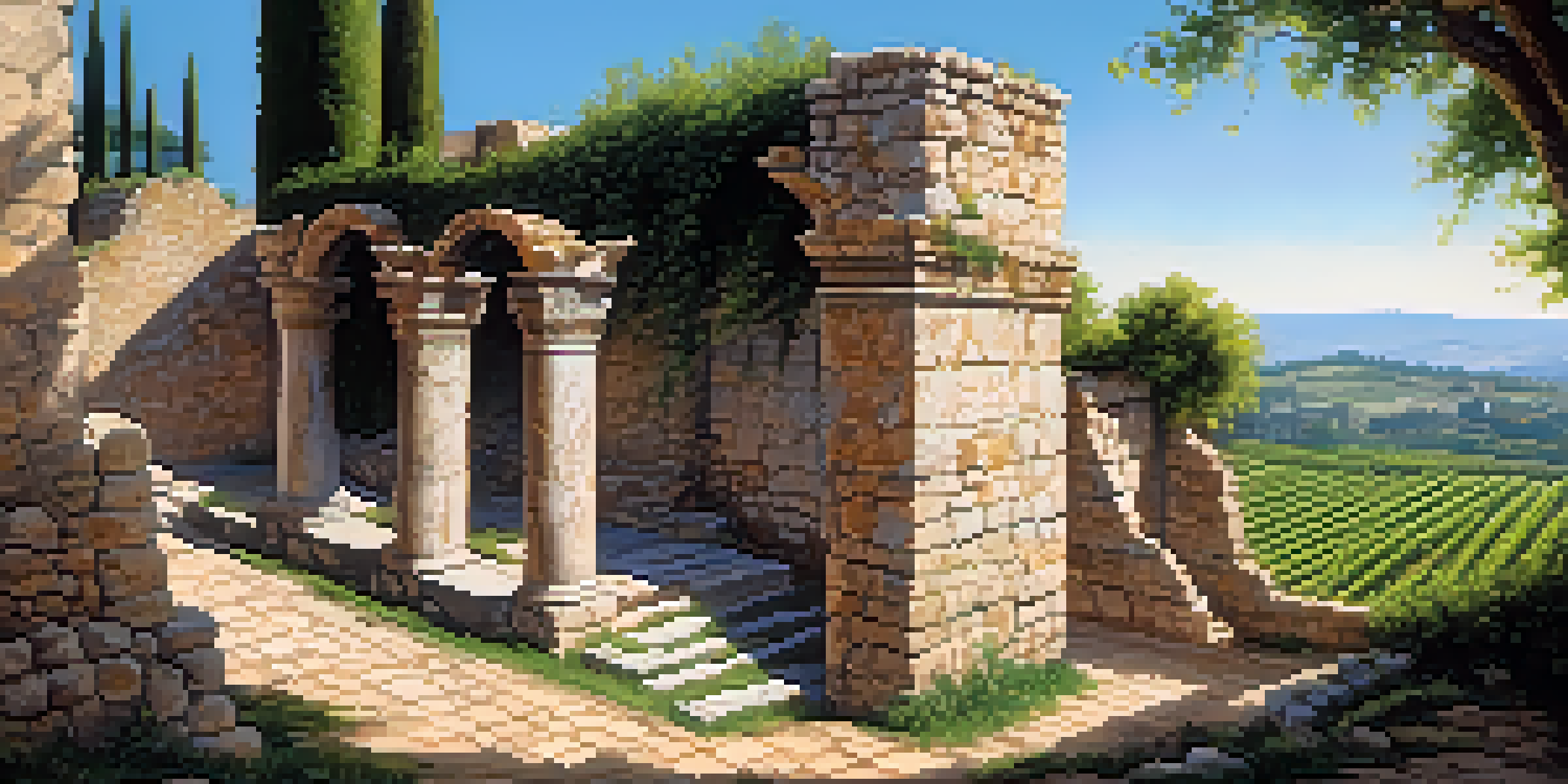 A scenic view of ancient Roman ruins in Cacabelos, with vineyards in the foreground and a clear blue sky above.