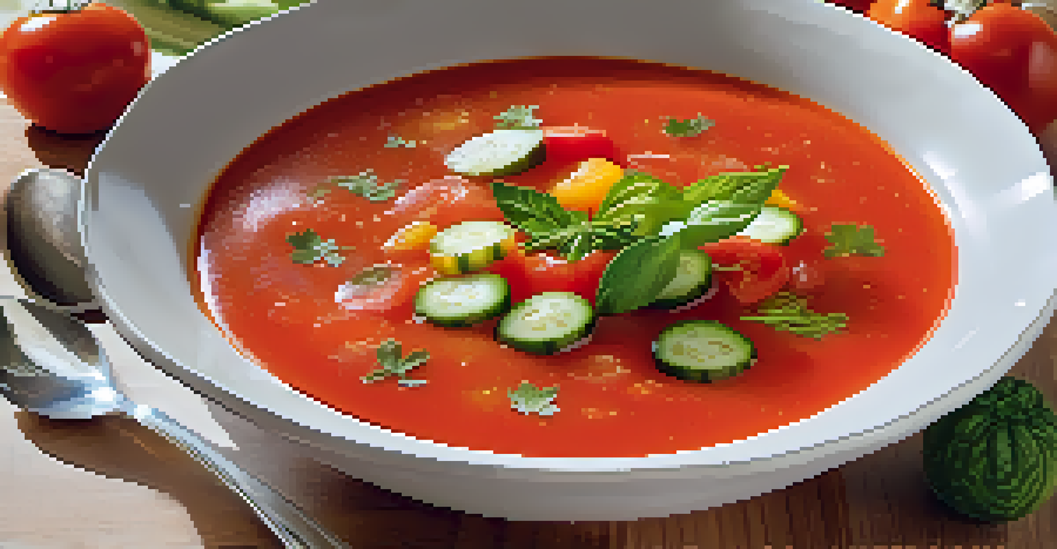 A chilled bowl of gazpacho soup garnished with herbs, surrounded by fresh summer vegetables on a light wooden surface.