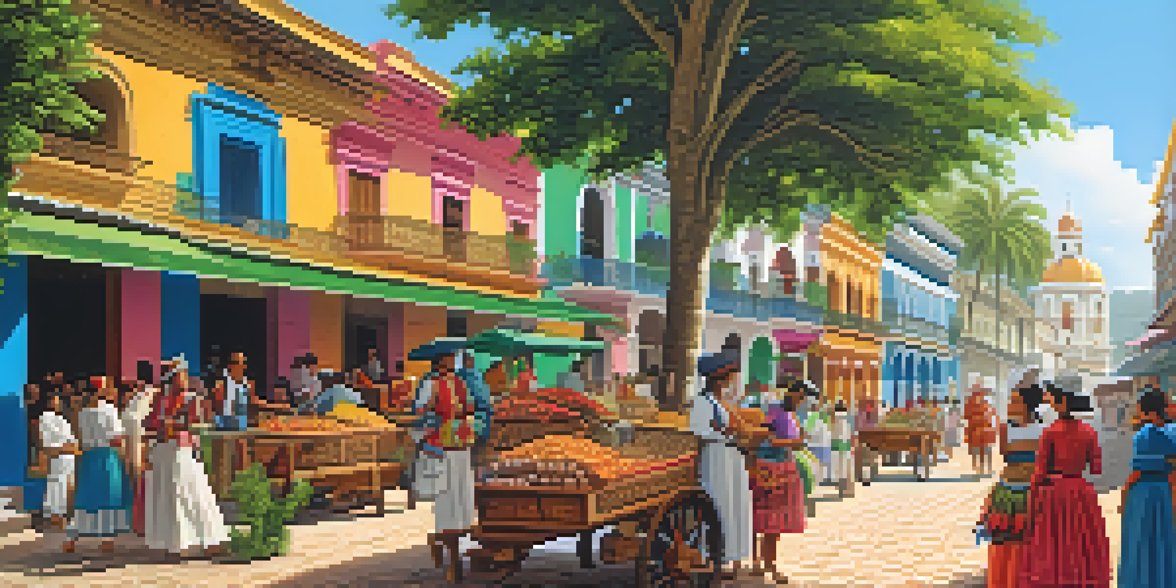 A lively market scene in a colonial town with colorful buildings, vendors, and people in traditional dress celebrating a festival.