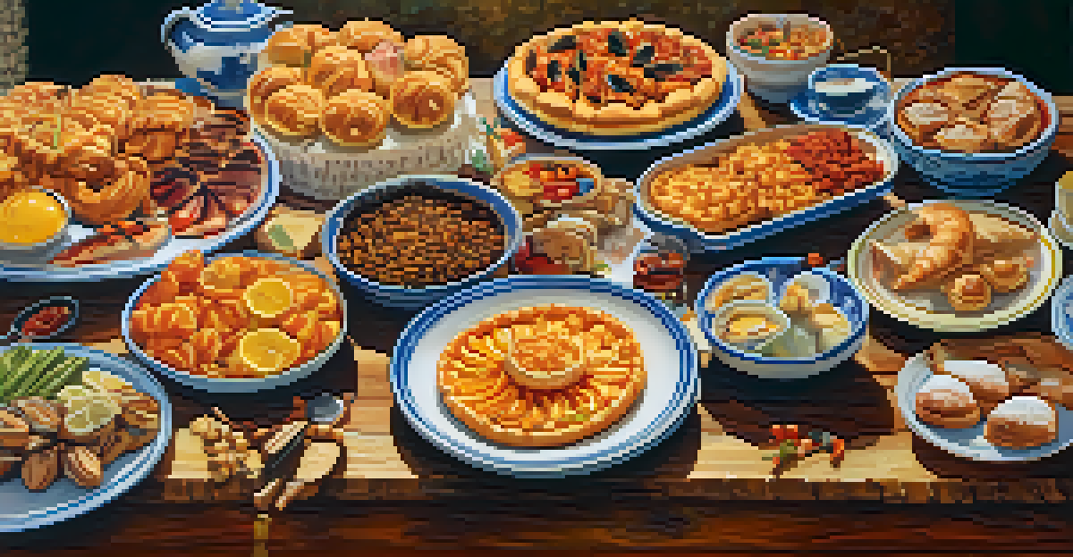 A table filled with colorful traditional dishes from the Carnival of Cádiz, including tapas and pastries, illuminated by natural sunlight.