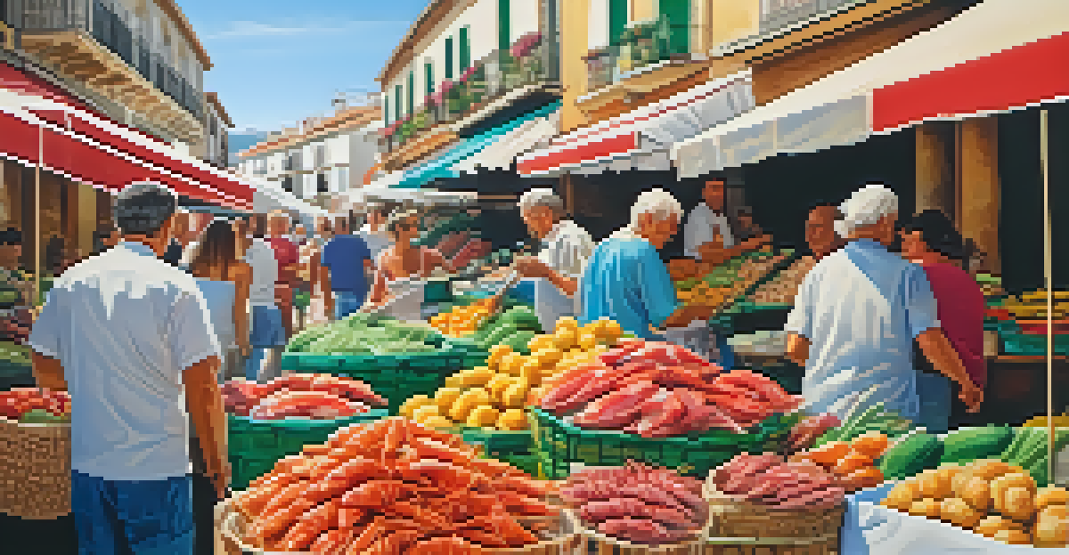 A bustling local market in a coastal town with fresh seafood and colorful fruits, surrounded by people.
