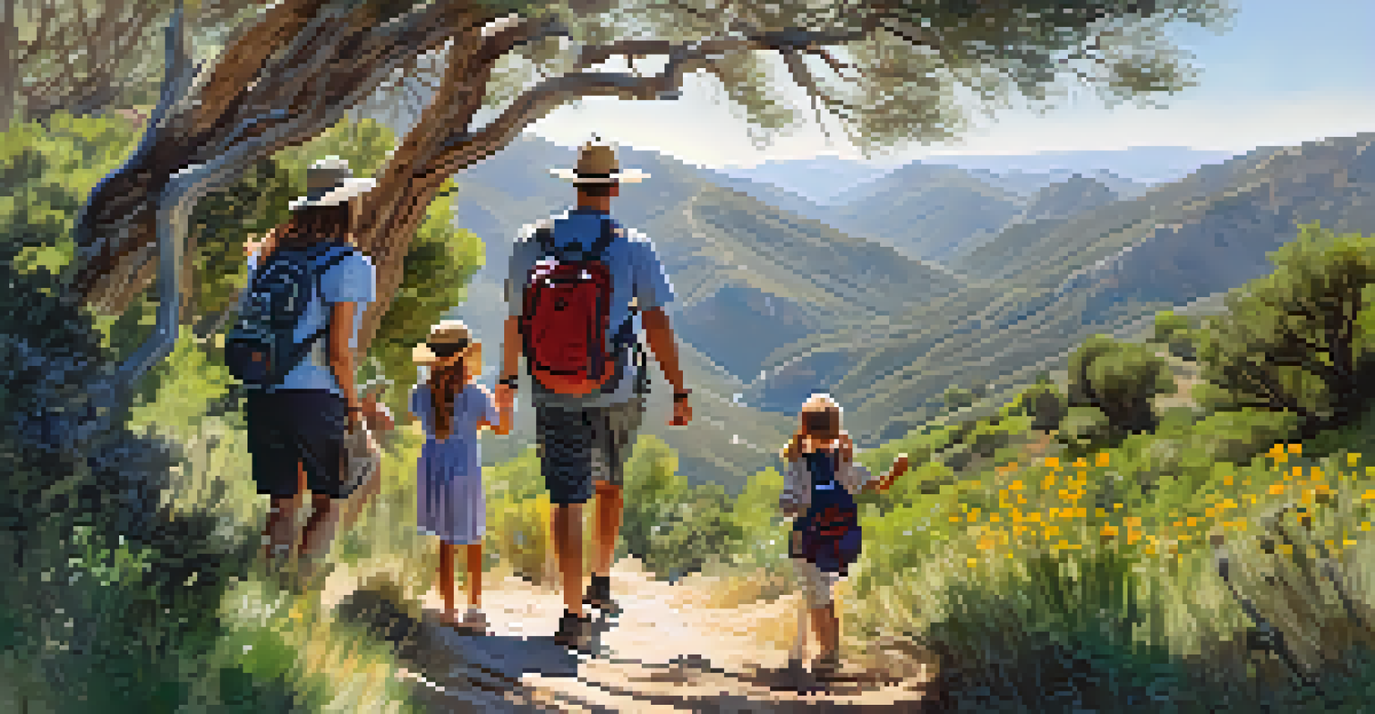A family hiking through a lush natural park, with sunlight filtering through trees and parents engaging with their children.
