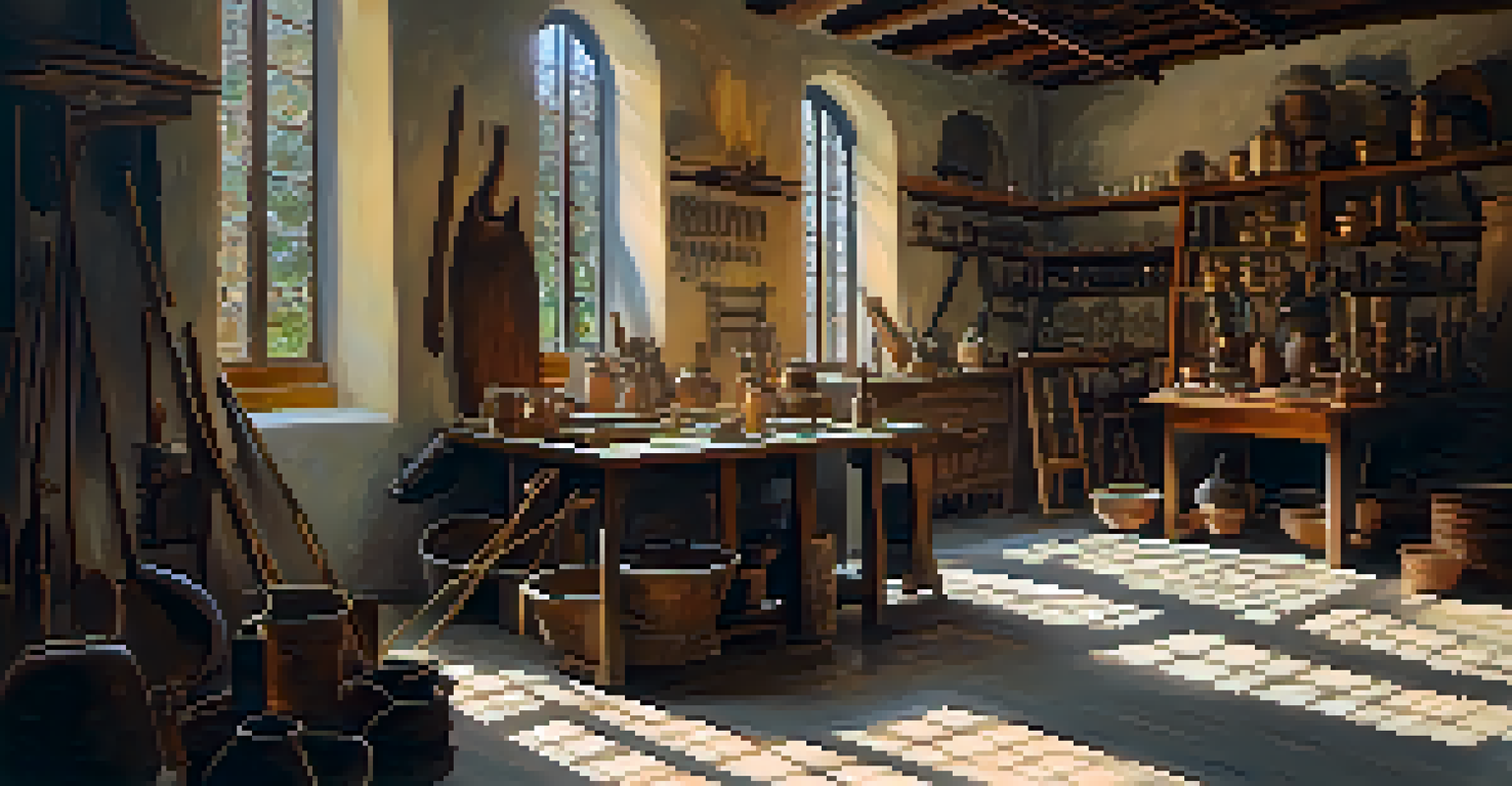 A local artisan working on metalcraft in a workshop in Granada's Albayzín, with various tools and materials around.