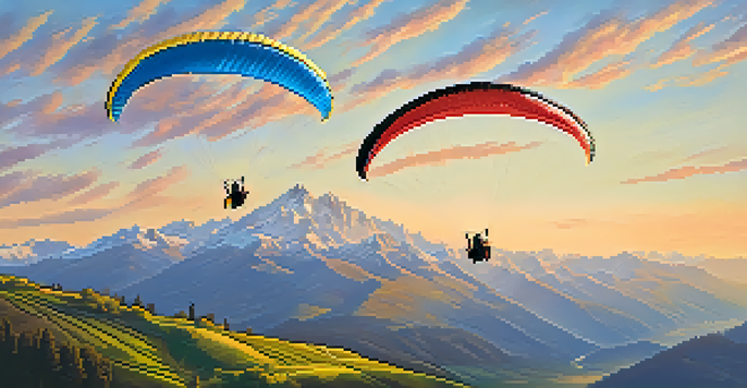 A scenic view of paragliders flying over the Pyrenees mountains during sunset, with vibrant colors and dramatic peaks in the background.