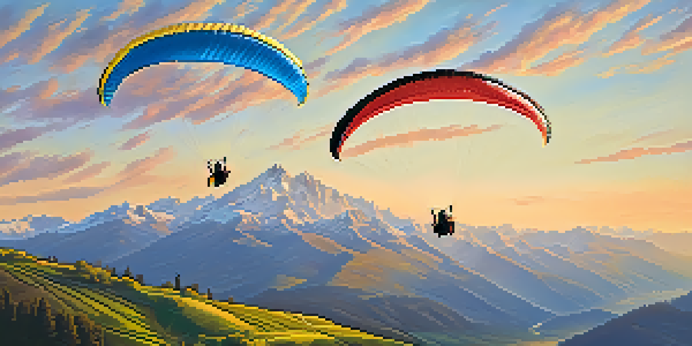 A scenic view of paragliders flying over the Pyrenees mountains during sunset, with vibrant colors and dramatic peaks in the background.