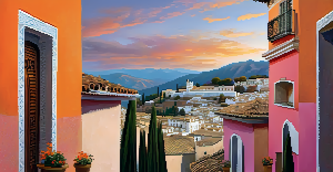 Sunset view of the Albayzín neighborhood with narrow streets and whitewashed buildings, featuring a couple at a café and the Alhambra in the background.