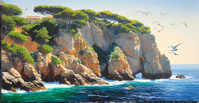 A scenic coastal view of Costa Brava with cliffs, green vegetation, and blue sea, featuring seabirds and colorful fish beneath the water.