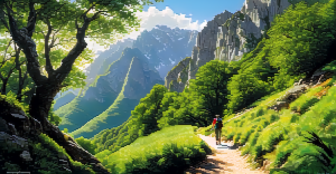 A scenic hiking trail in a lush green valley with mountains in the background and a hiker visible on the path.