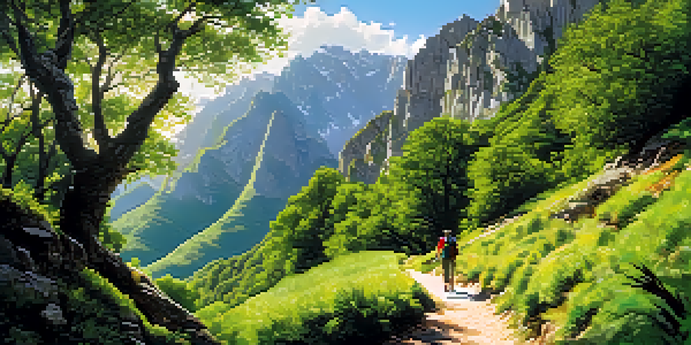 A scenic hiking trail in a lush green valley with mountains in the background and a hiker visible on the path.