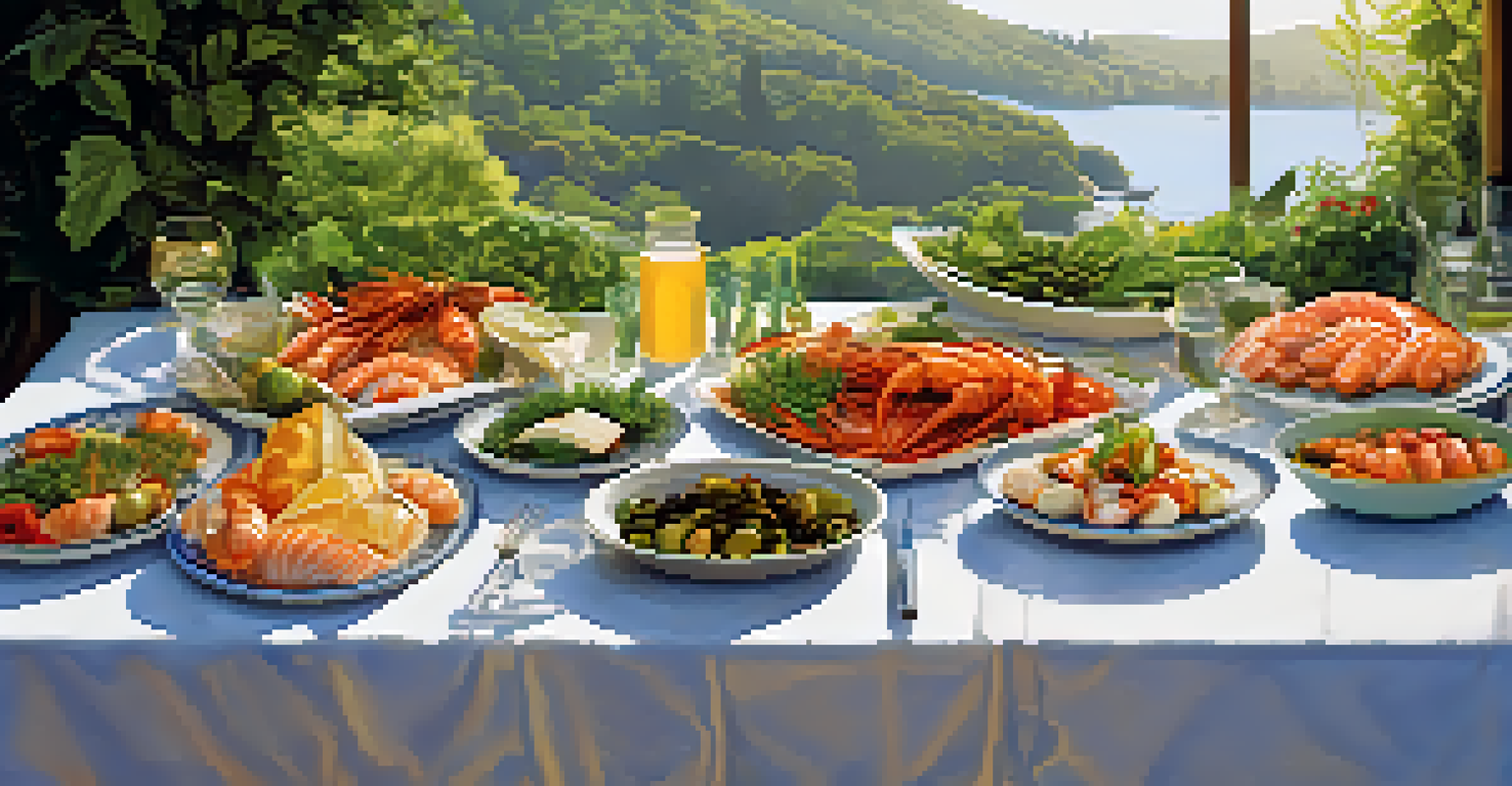 A traditional Basque seafood meal displayed on a table outdoors, featuring fresh ingredients and a warm, inviting atmosphere surrounded by greenery.