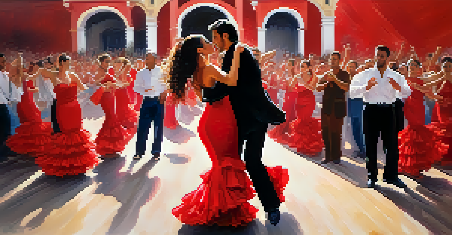 A flamenco dancer in a red dress performing passionately at the Feria de Abril, with musicians and an engaged audience in the background.