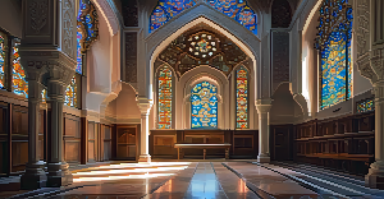 A tranquil interior of a Mudejar chapel with ornate wooden carvings and colorful stained glass light filtering through, creating a serene atmosphere.